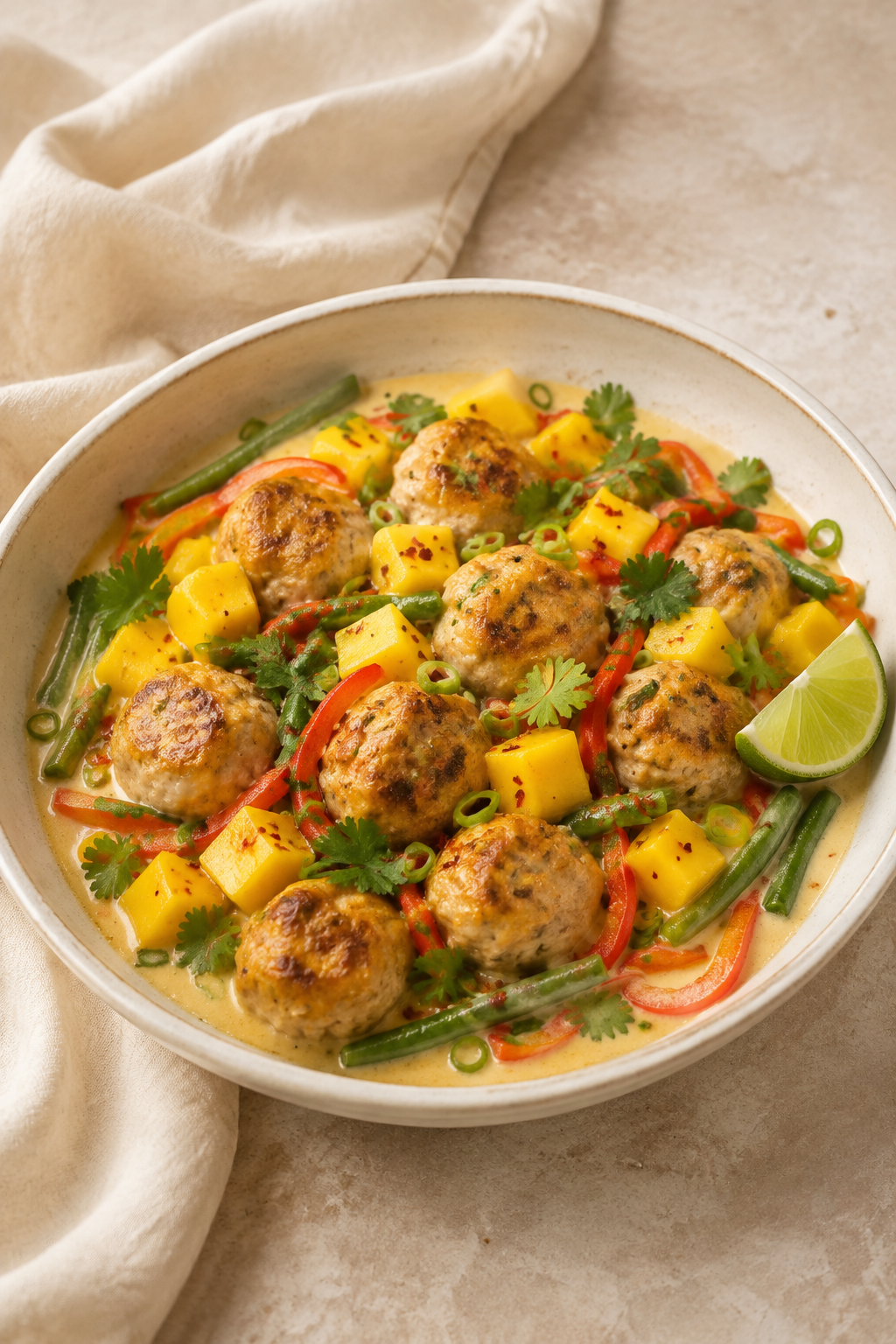 Kipgehaktballetjes met mango & kokos-limoensaus