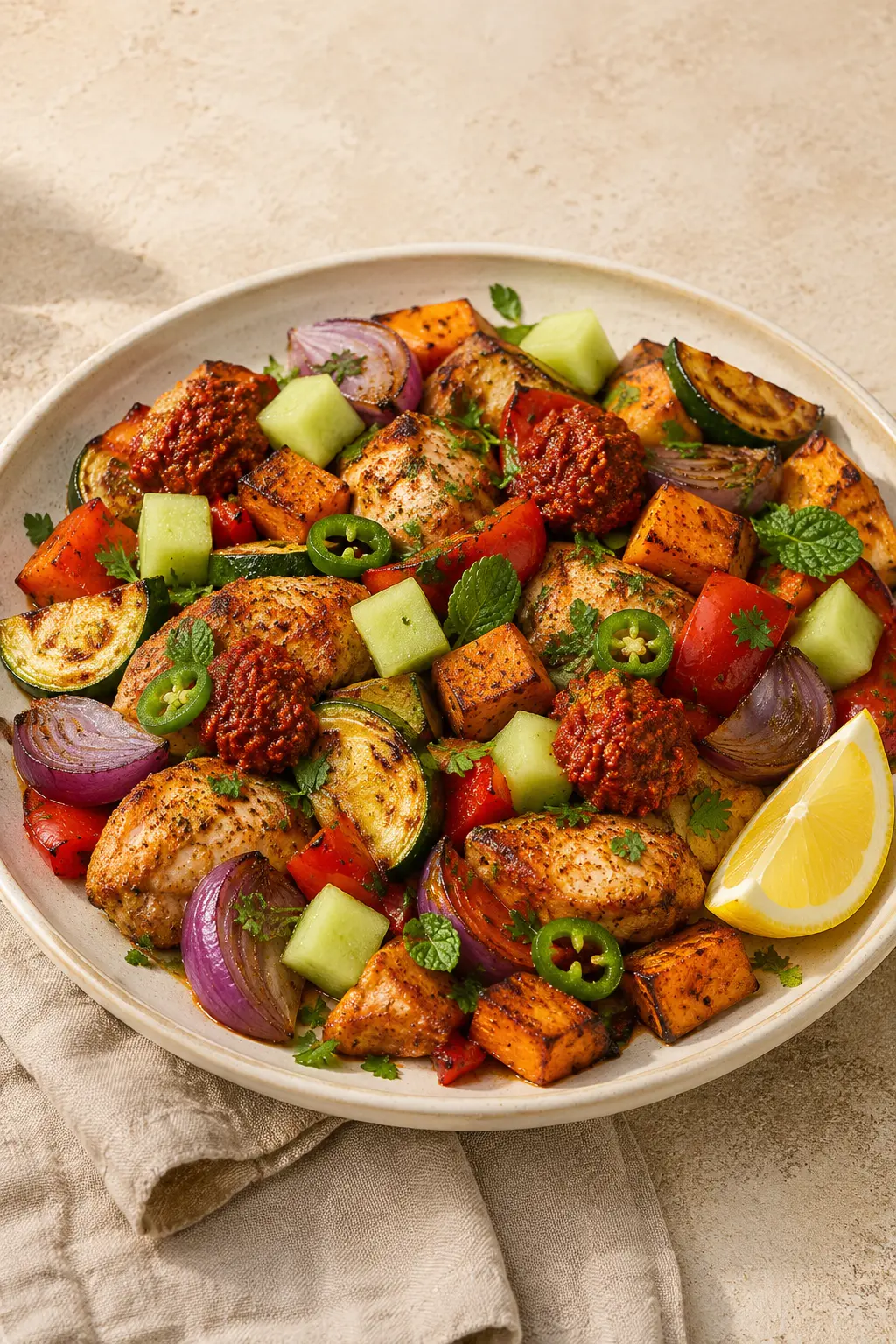 Traybake met kip, zoete aardappel, muhammara & meloen