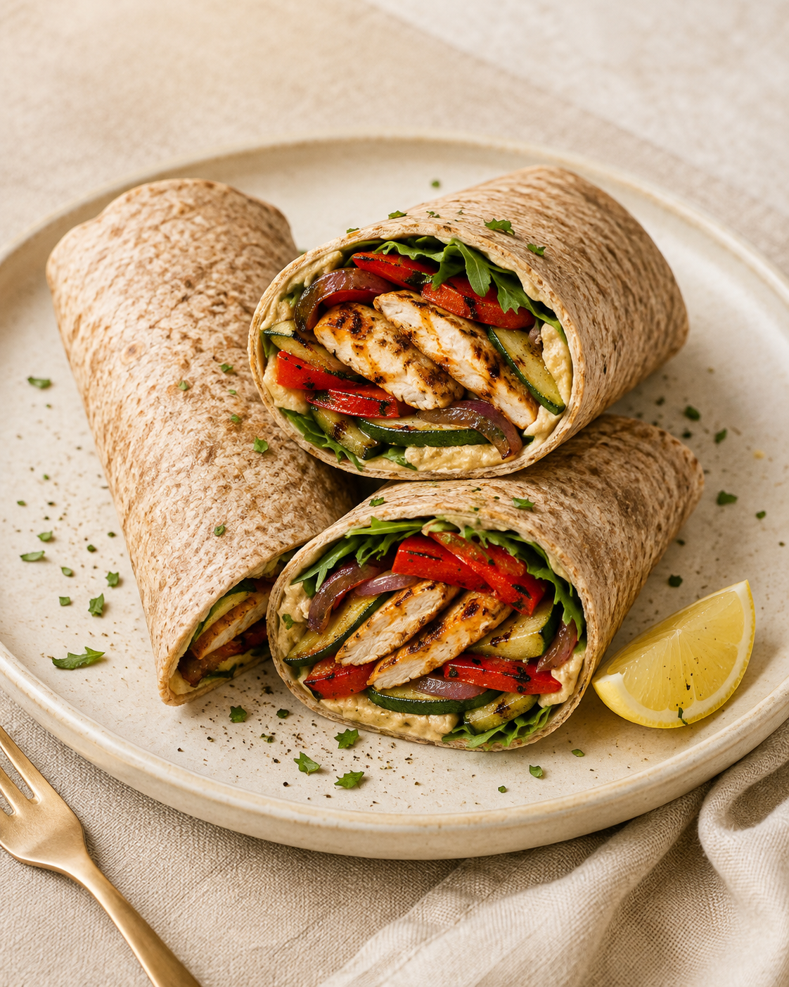 Mediterrane wrap met hummus, kip & gegrilde groenten
