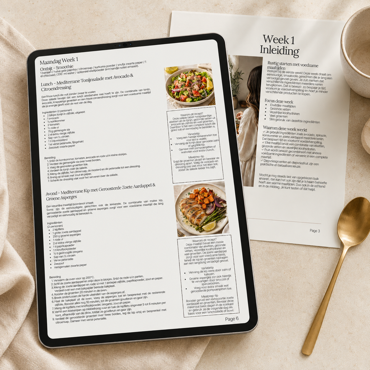 Dagpagina met ontbijt, lunch en diner uit het lactosevrije weekmenu